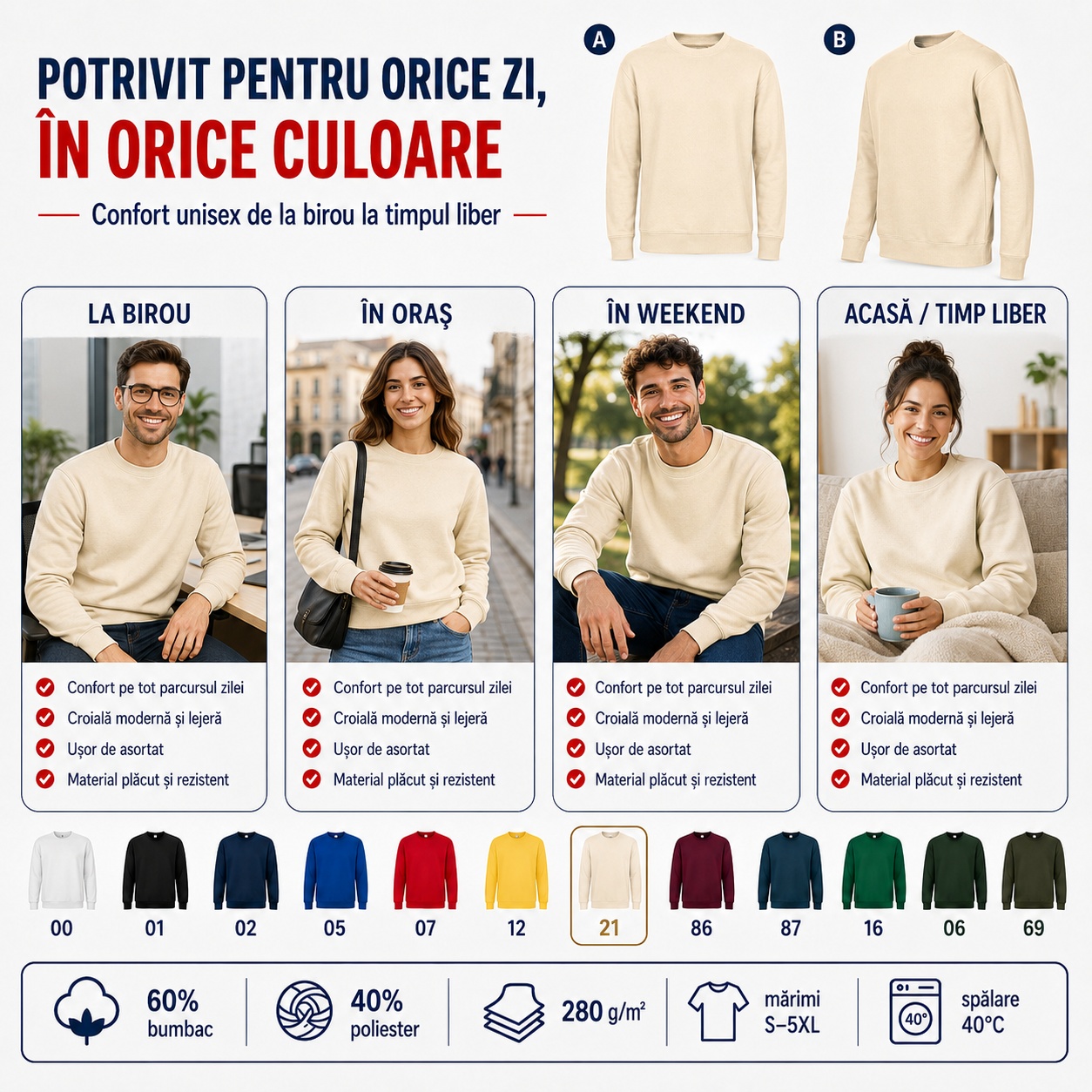 Hanorac tip bluză unisex pentru birou, oraș, weekend și timp liber