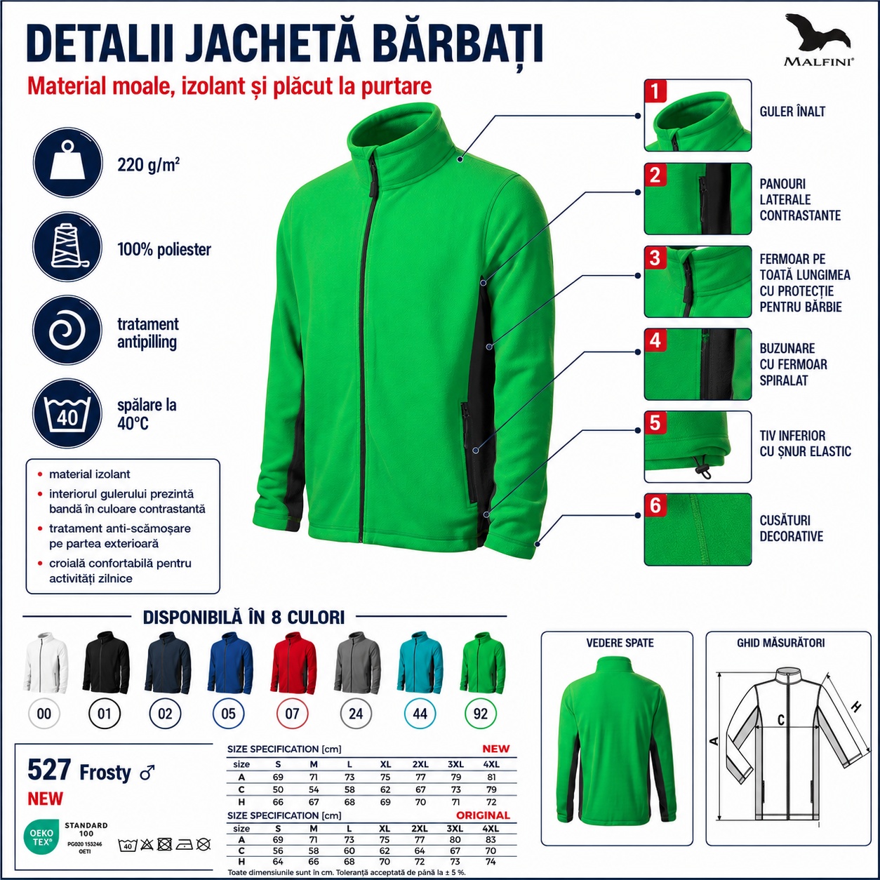 Ghid mărimi Malfini Frosty 527 jachetă fleece bărbați
