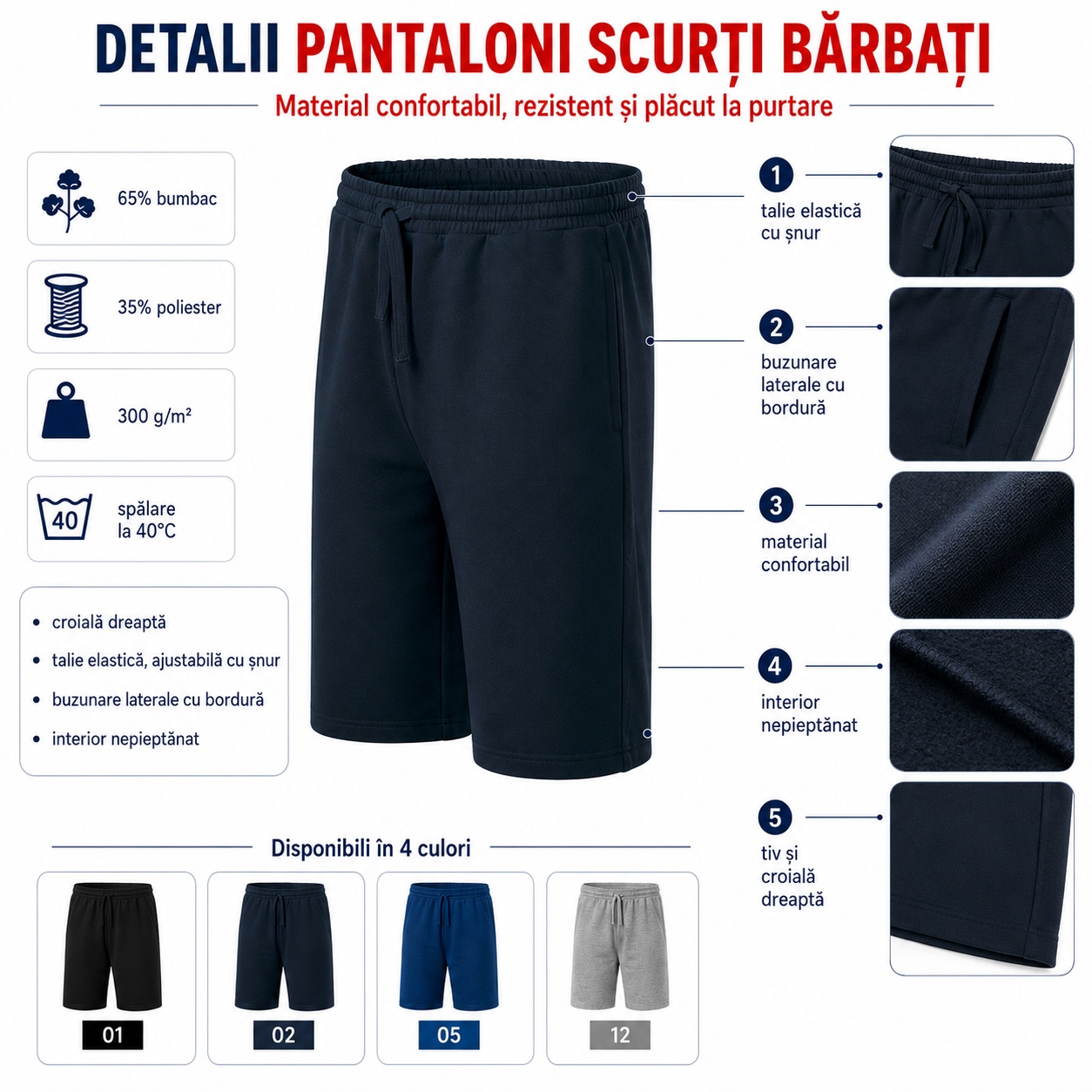 Pantaloni scurți bărbați Comfy 611 detalii talie elastică buzunare și croială dreaptă