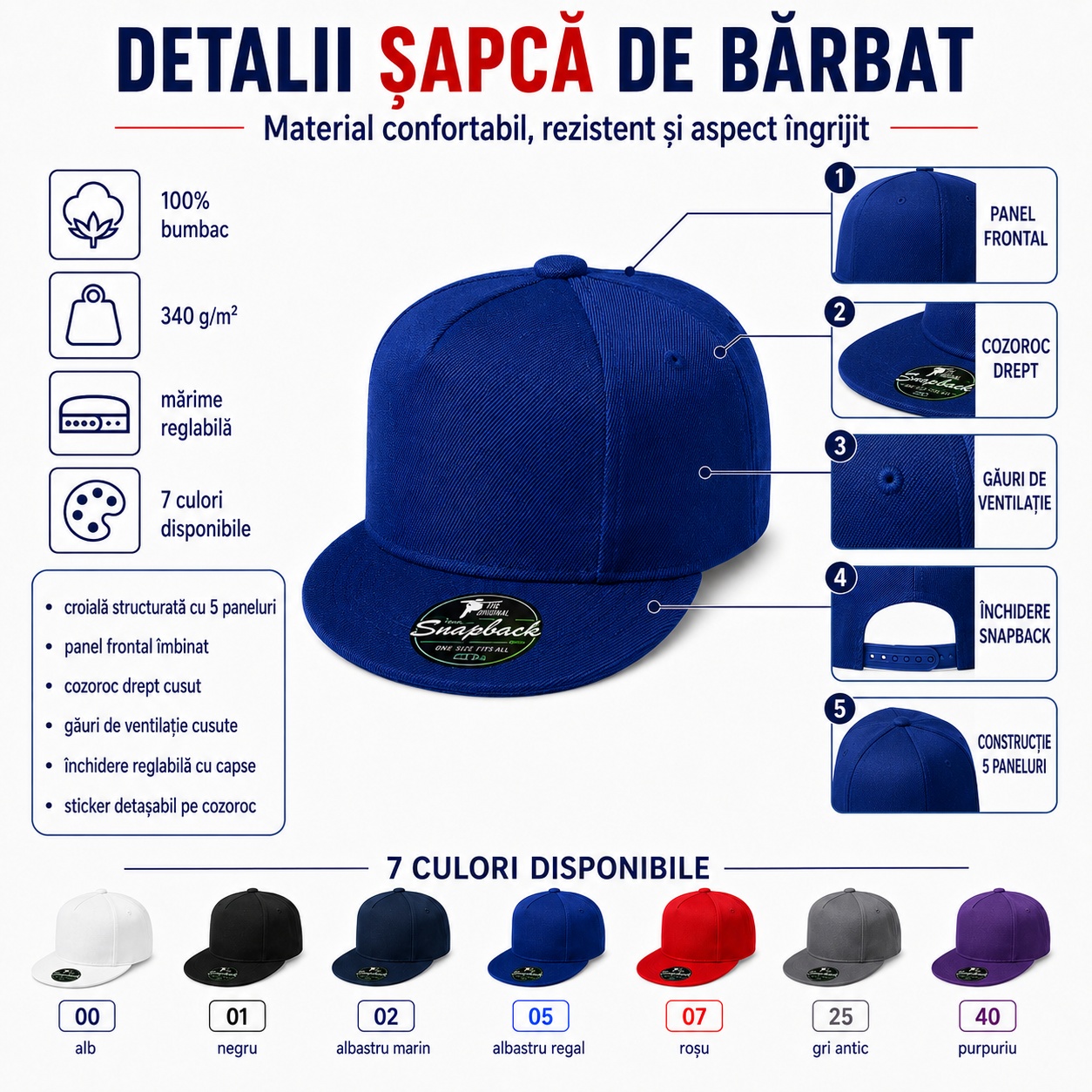 Detalii șapcă Malfini 301 5P RAP Detalii șapcă RAP cu 5 panouri, cozoroc drept și snapback