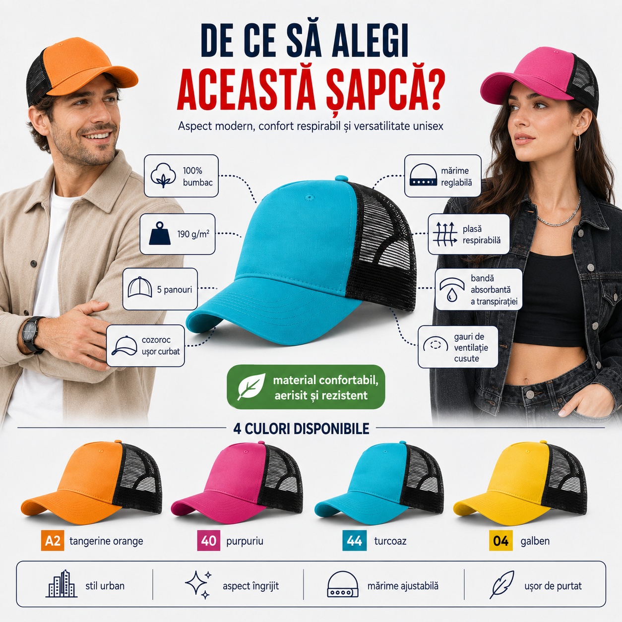 Beneficii șapcă trucker cu plasă respirabilă, cozoroc curbat și snapback