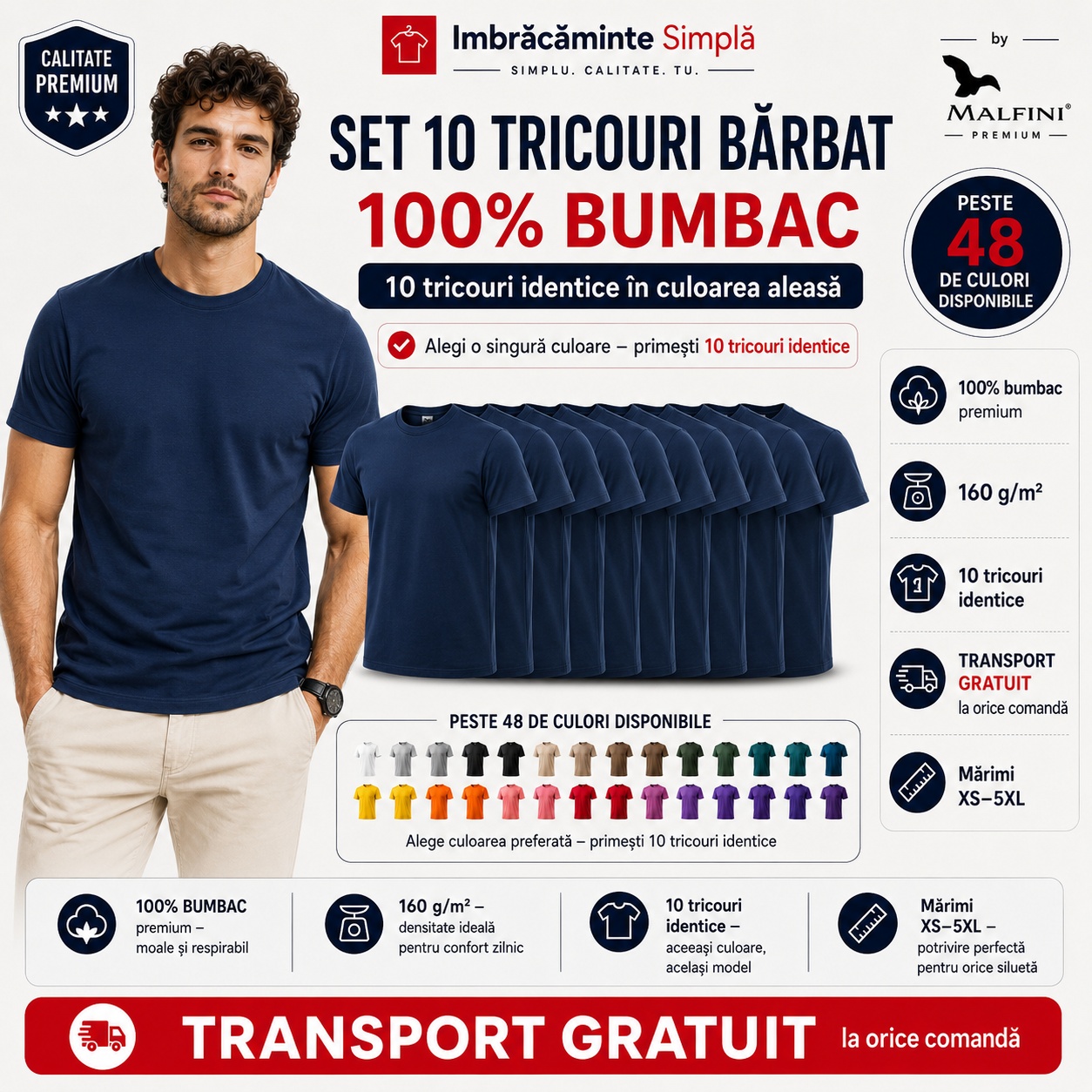 Set 10 tricouri bărbat Malfini 100% bumbac cu imagine de prezentare premium