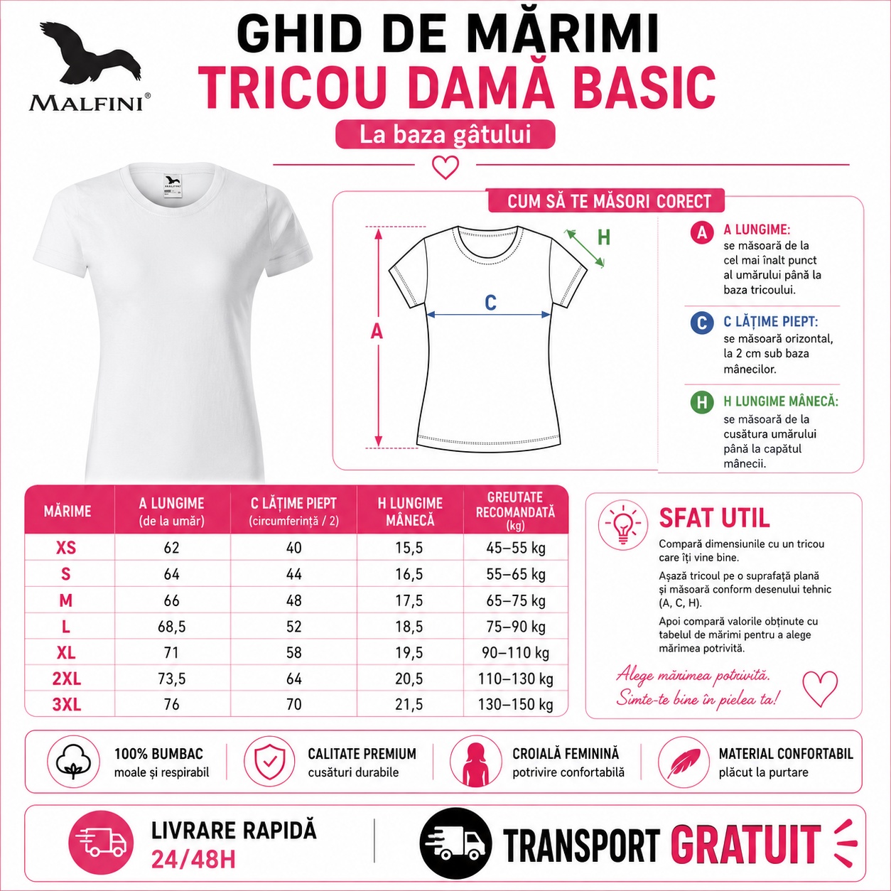 Ghid de mărimi tricou damă basic la baza gâtului