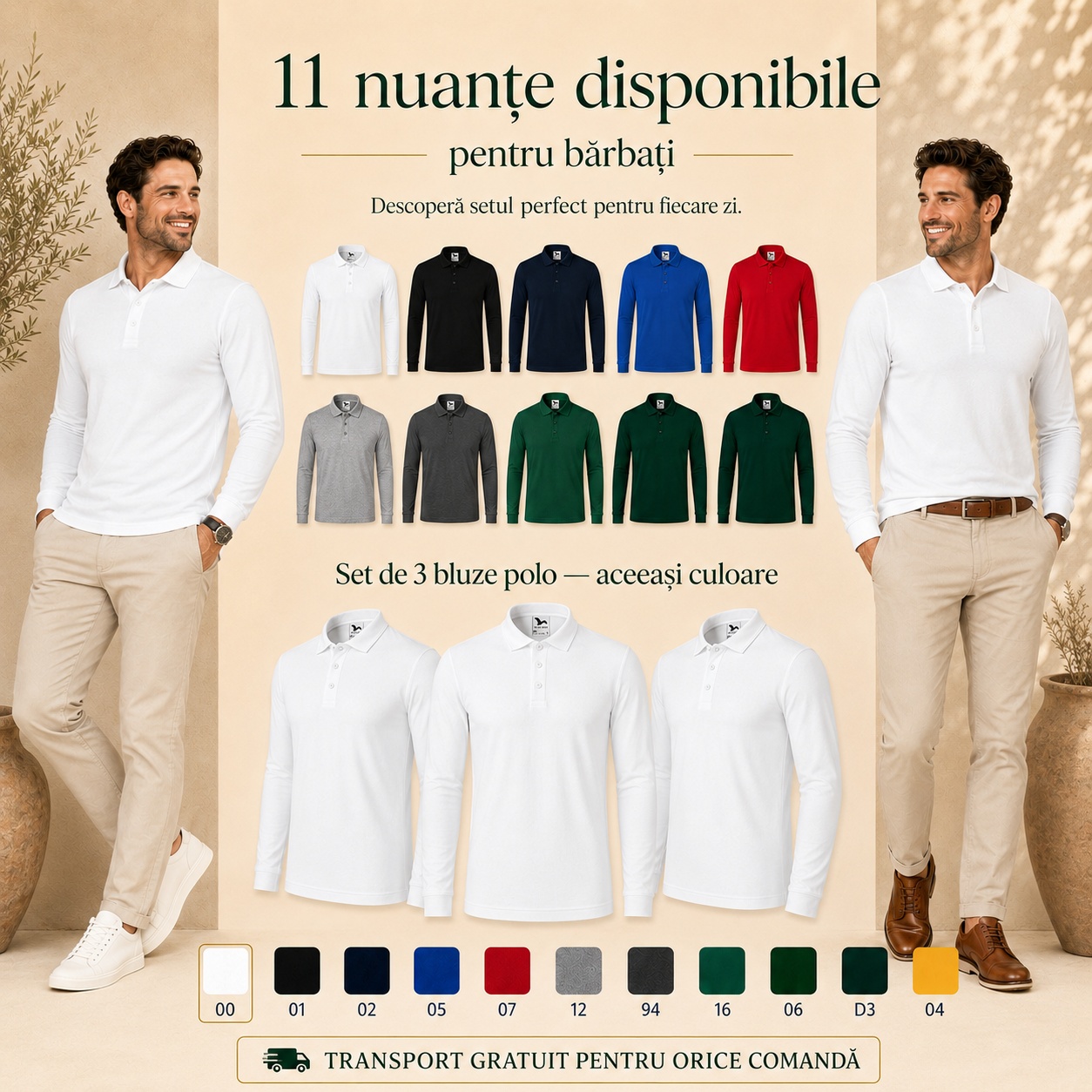Set 3 bluze polo bărbat în 11 nuanțe disponibile