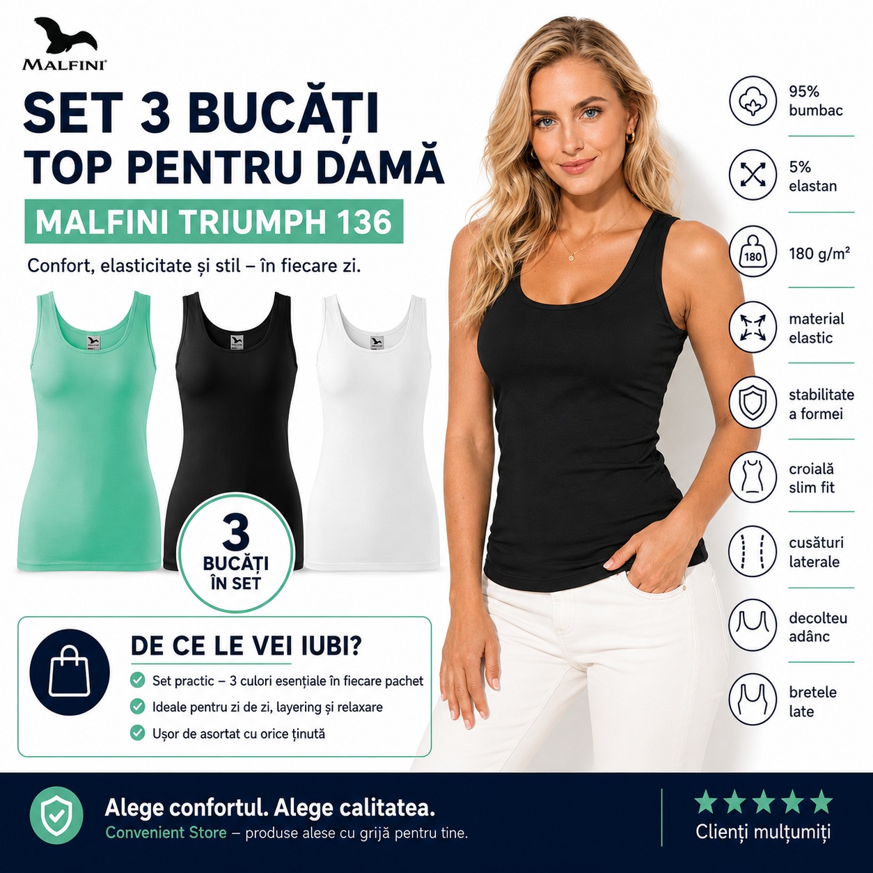 Set 3 topuri pentru damă Malfini Triumph 136 slim fit decolteu adânc bretele late