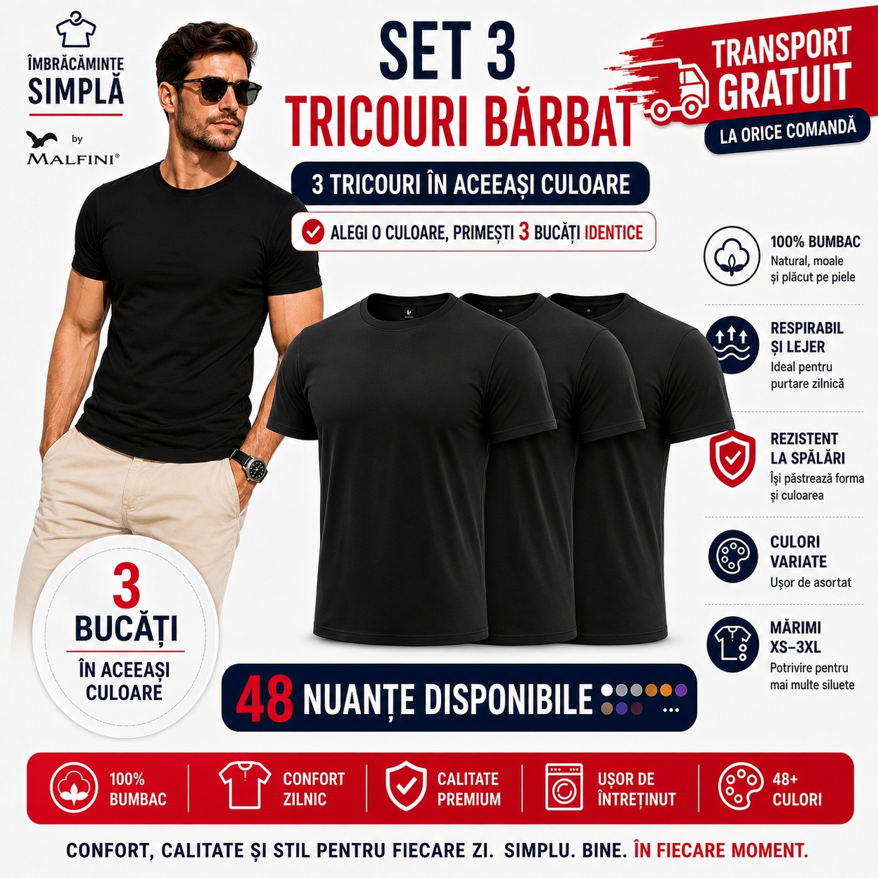 Set 3 tricouri bărbat &icirc;n aceeași culoare, bumbac 100%, respirabil, lejer, culori variate și transport gratuit