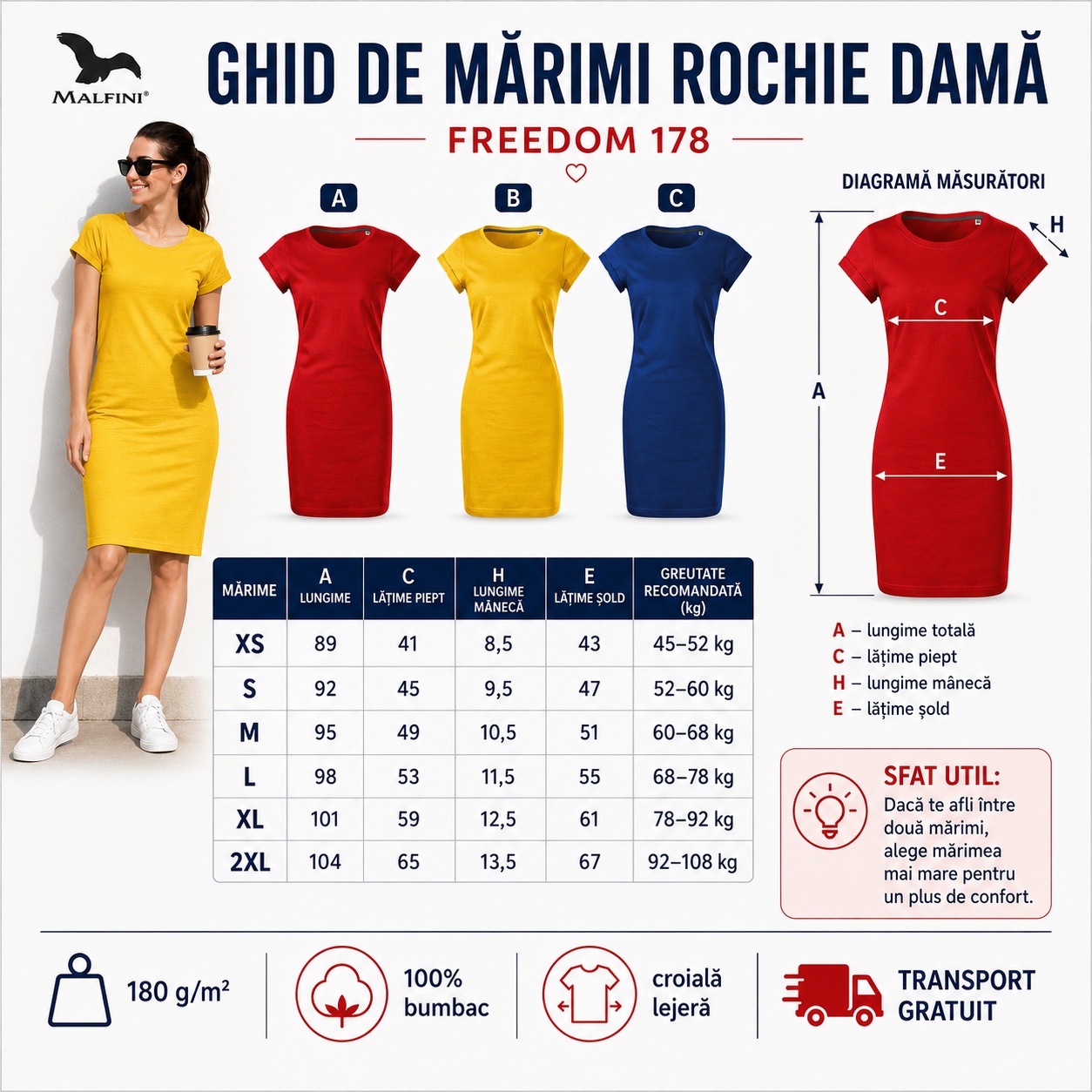 Ghid de mărimi rochie damă Malfini Freedom 178, XS, S, M, L, XL, 2XL, 100% bumbac