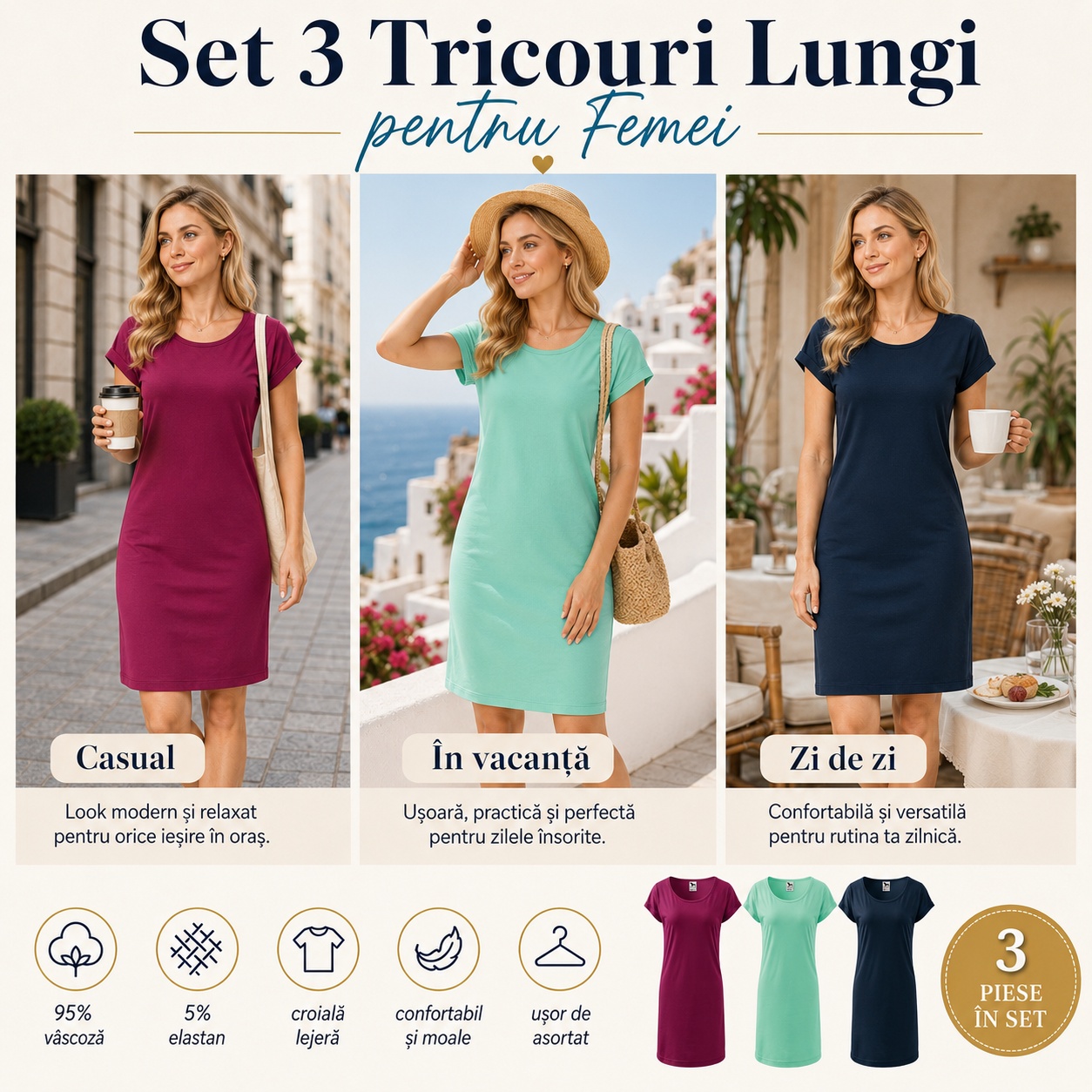 Set 3 tricouri lungi pentru femei casual vacanță zi de zi rododendron verde mentă albastru marin
