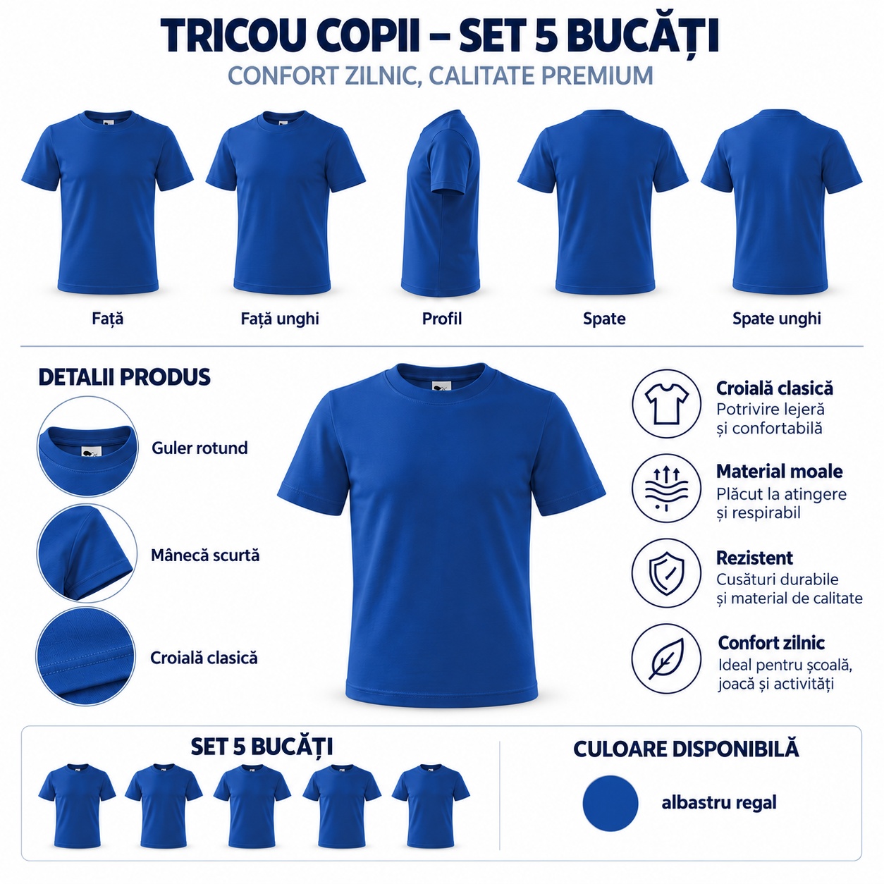 Set tricouri copii Albastru Regal Pelican P72