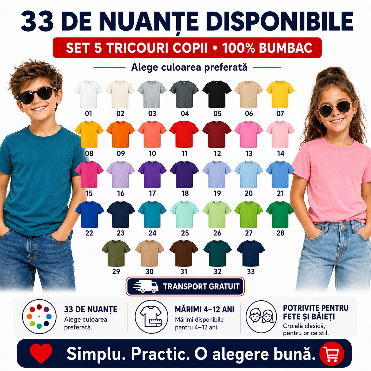 33 de nuante disponibile - set 5 tricouri copii 33 de nuante disponibile pentru set 5 tricouri copii din bumbac 100%