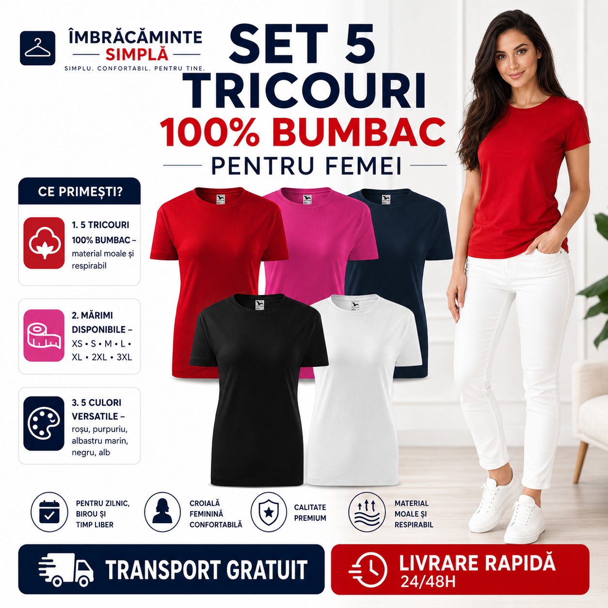 Set 5 tricouri damă 100% bumbac pentru femei culori esențiale