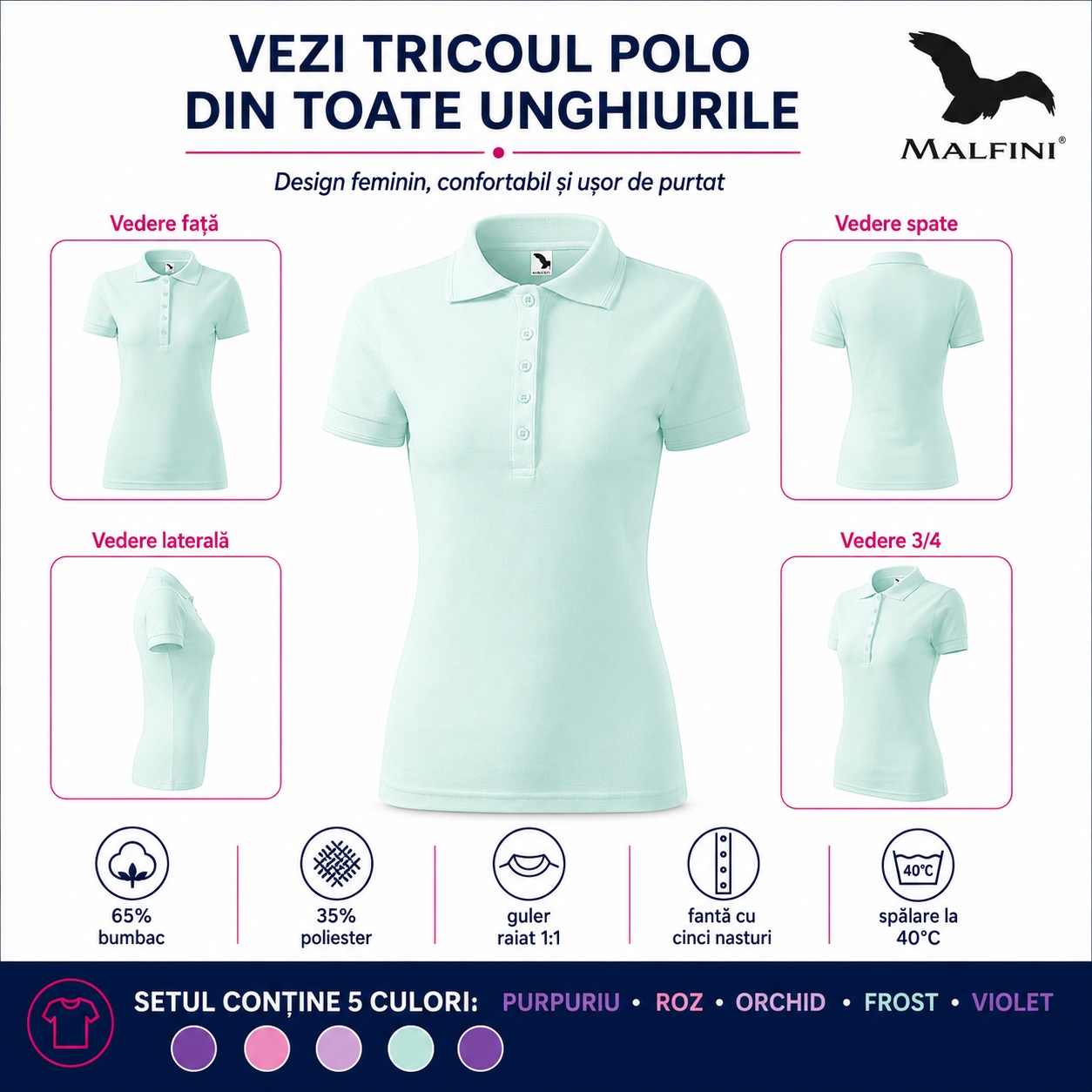 Tricou polo dama Malfini vazut fata spate lateral trei sferturi culoare frost set purpuriu roz orchid frost violet