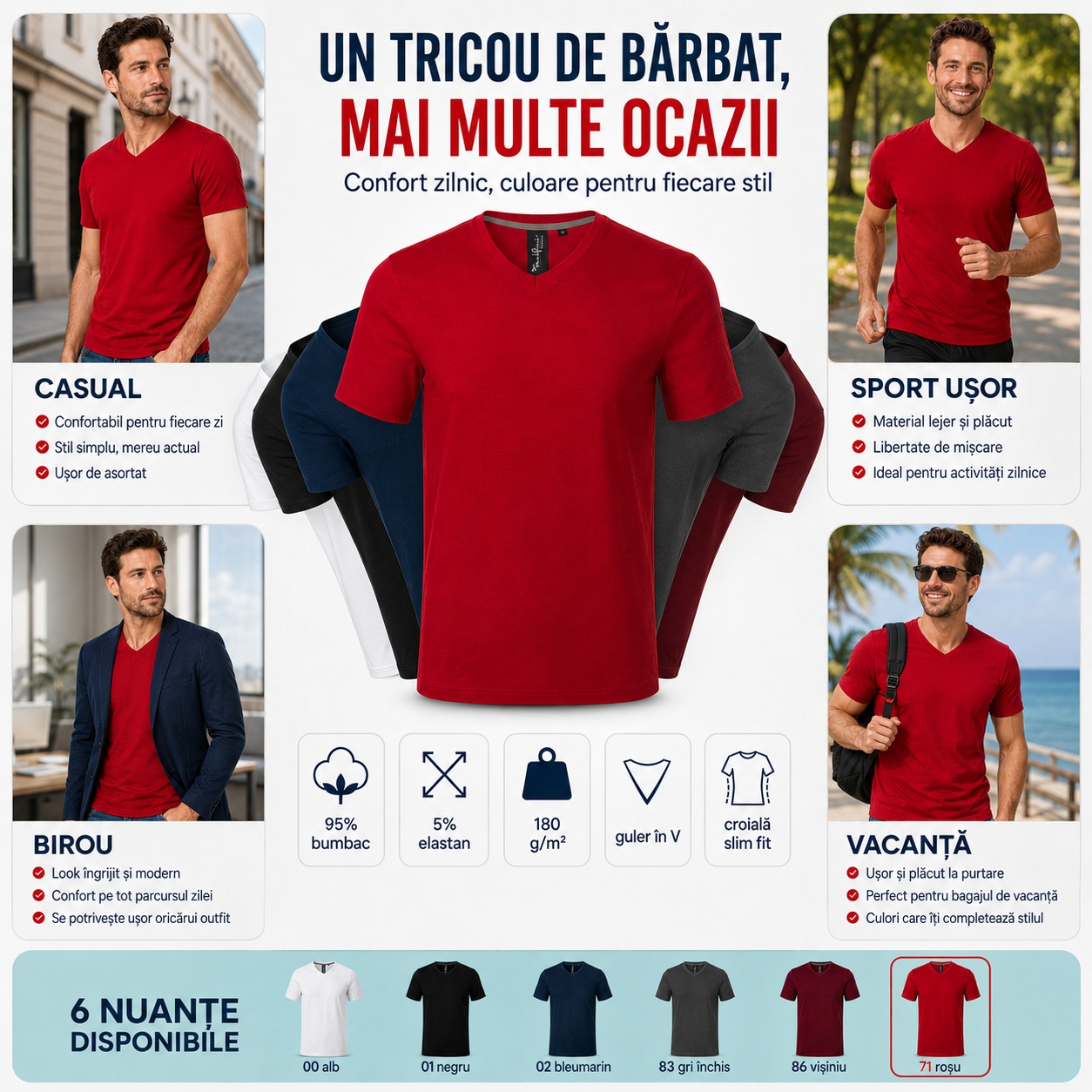Tricou Bărbat V-Neck pentru Casual, Birou, Sport Ușor și Vacanță Un tricou de bărbat Malfini Action V-Neck 700 pentru mai multe ocazii, casual, birou, sport ușor și vacanță