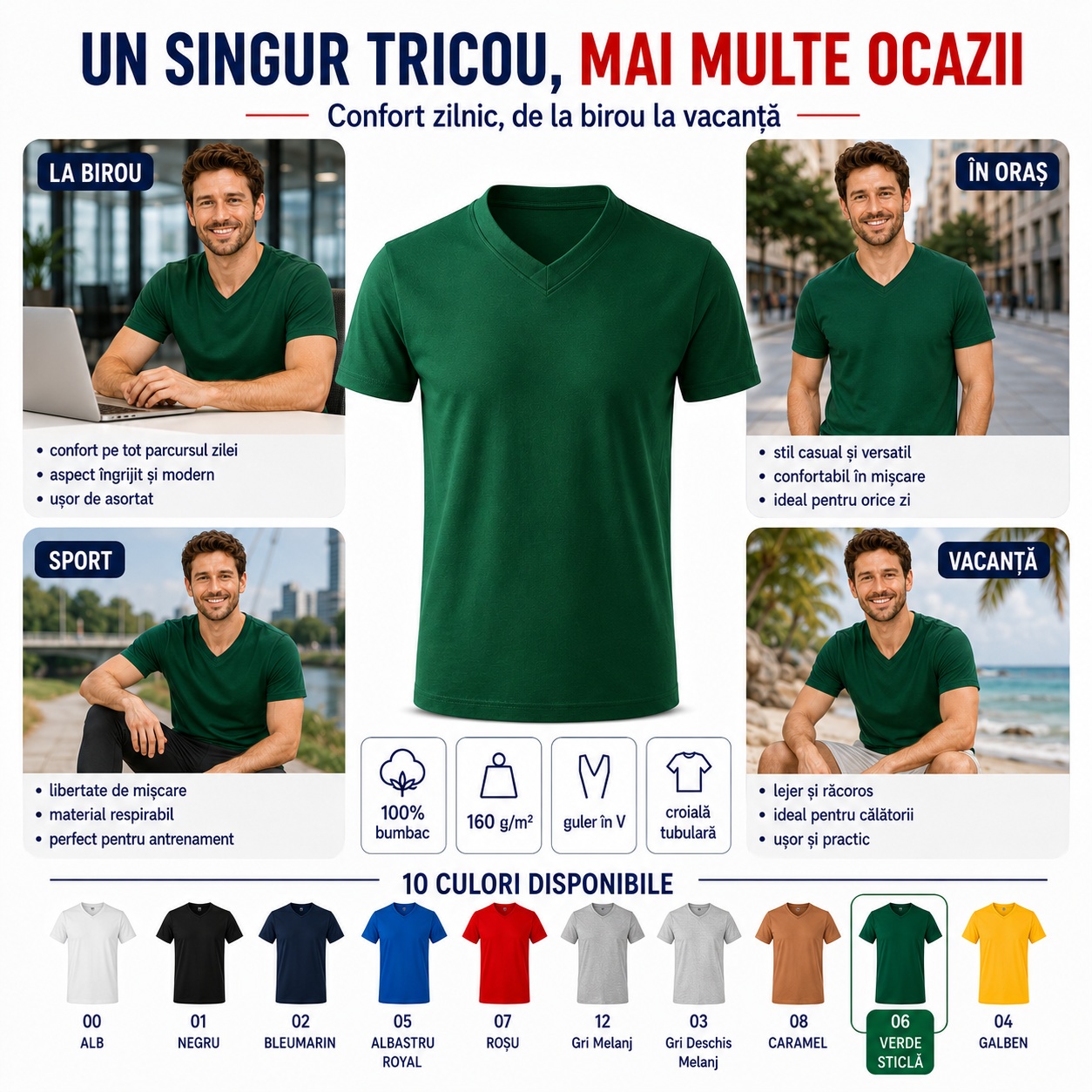 Tricou bărbat pentru mai multe ocazii Tricou bărbat cu guler în V pentru birou oraș sport și vacanță