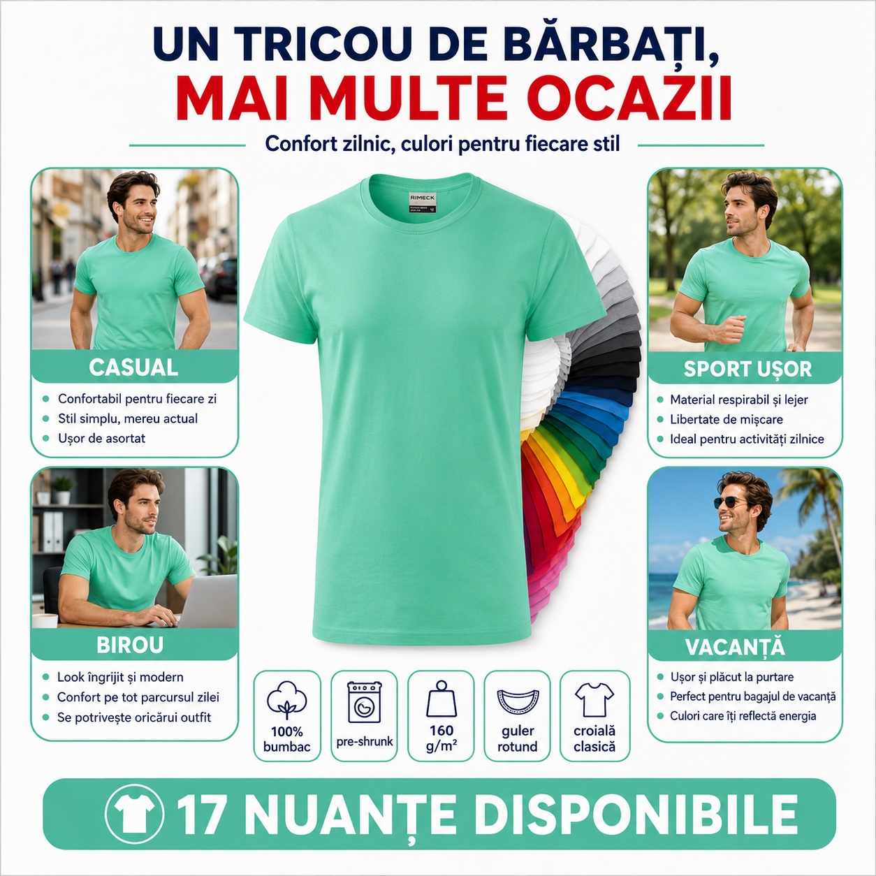 Tricou bărbați Rimeck Resist R01 potrivit pentru casual, birou, sport ușor și vacanță