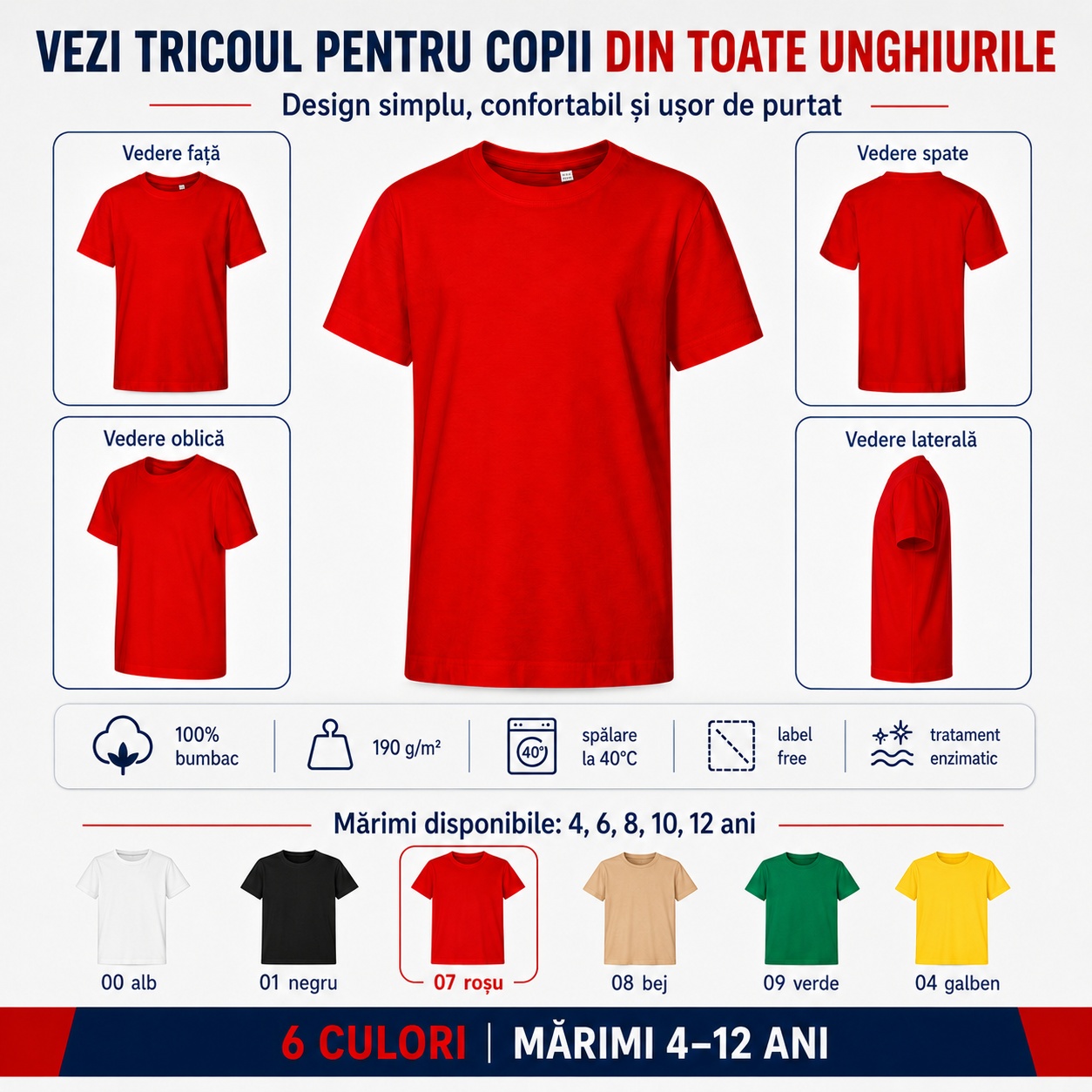 Tricou copii Edge Malfini văzut din față, spate, lateral și oblic