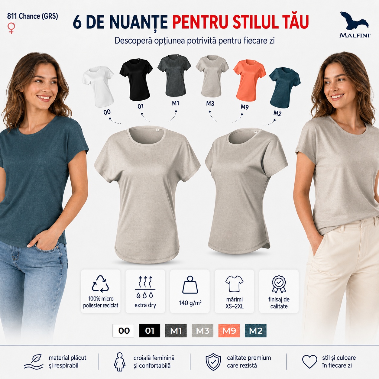Tricou damă Malfini Chance GRS 811, 6 nuanțe disponibile, poliester reciclat extra dry