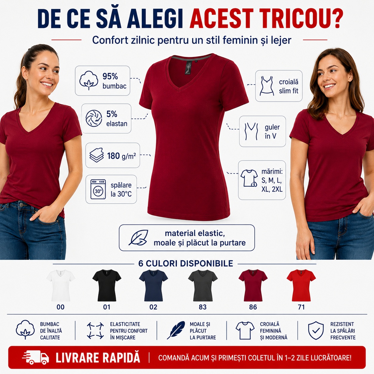Detalii tricou damă Malfini Premium Action V-Neck 701 Tricou damă Malfini Premium cu guler în V, 95% bumbac și 5% elastan