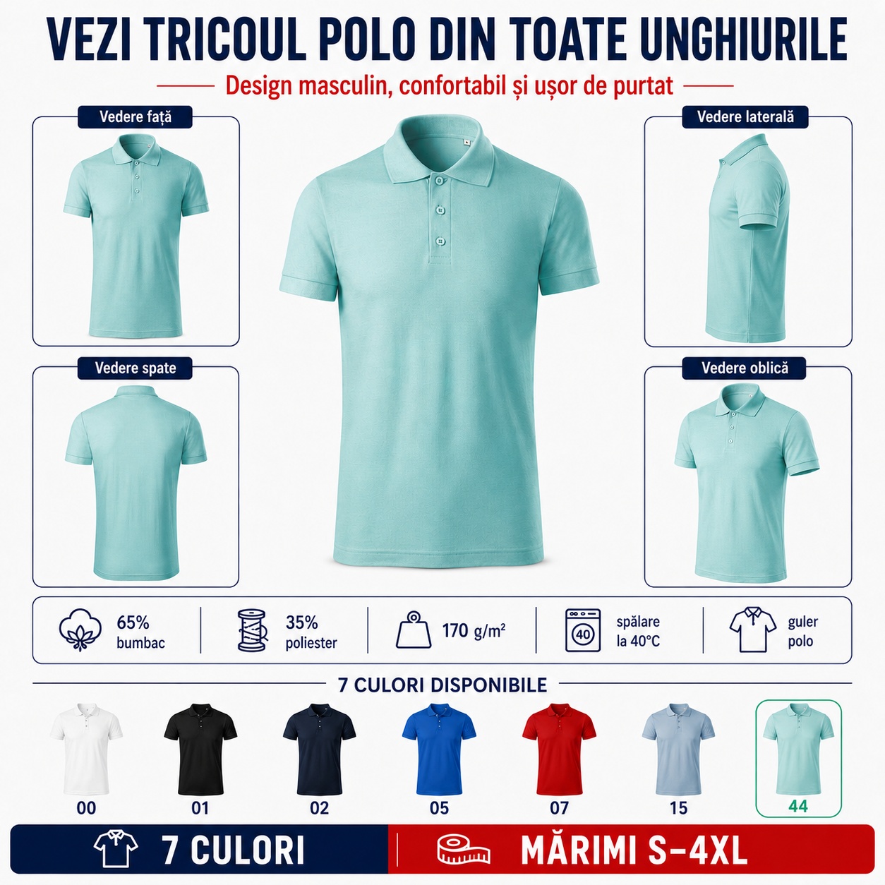Tricou polo bărbat văzut din față, spate, lateral și oblic, design masculin confortabil și ușor de purtat