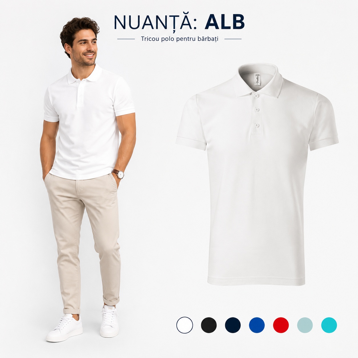 Tricou polo bărbați nuanță alb, guler polo cu 3 nasturi, material 65% bumbac și 35% poliester