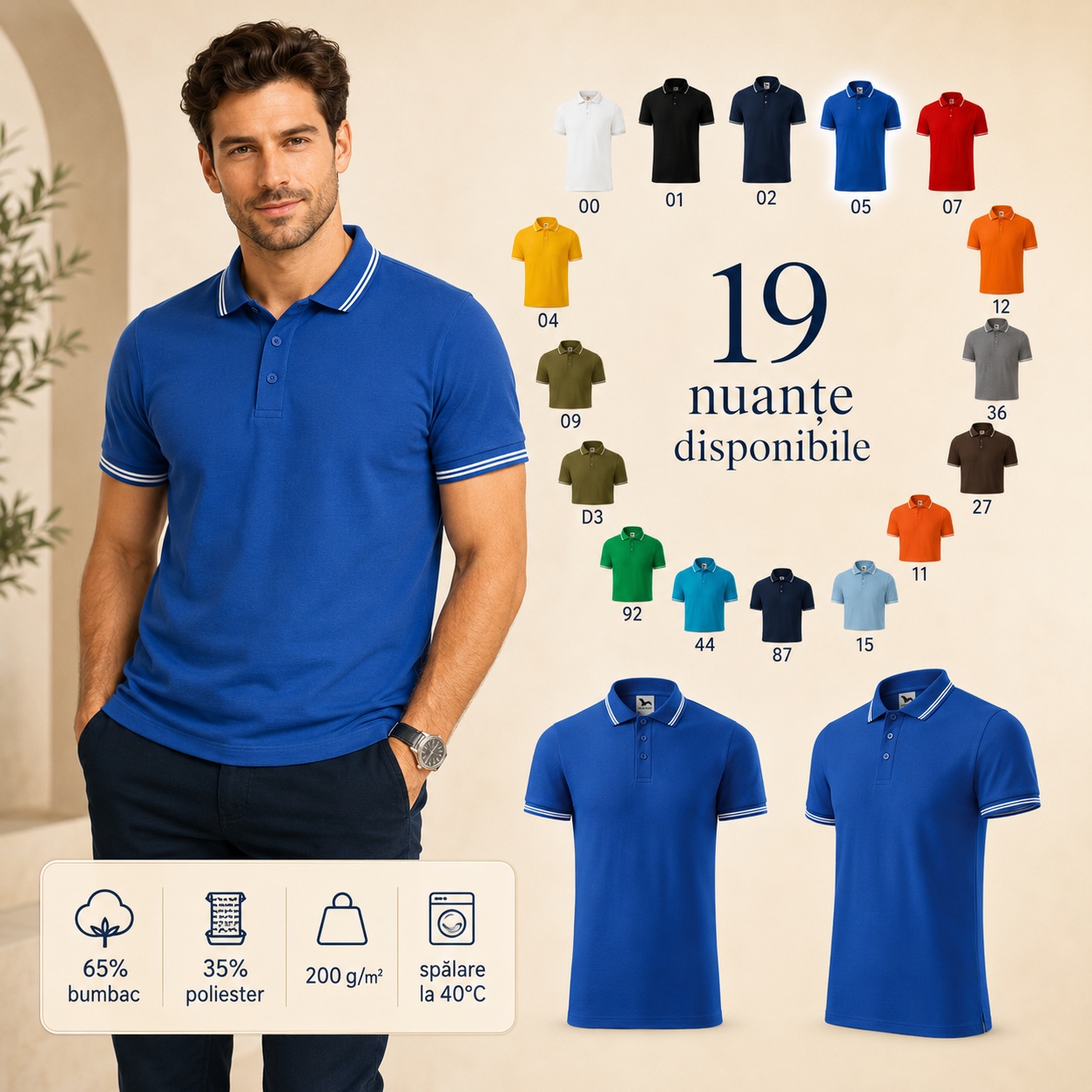 Tricou polo bărbați Malfini cu dungi la guler și manșete, tip Tommy, 65% bumbac, 19 culori disponibile