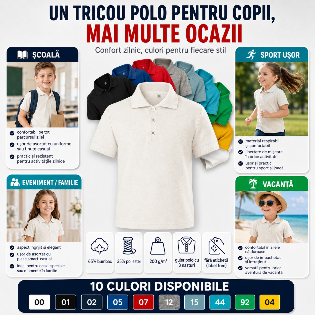 Tricou polo copii pentru școală, sport ușor, eveniment familie și vacanță