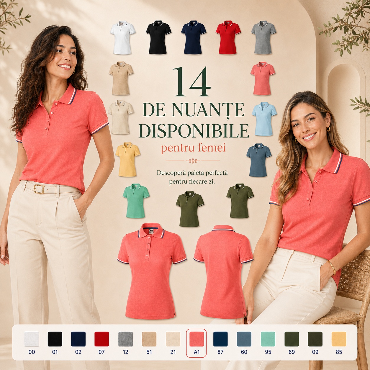 14 nuanțe disponibile pentru femei - polo damă coral