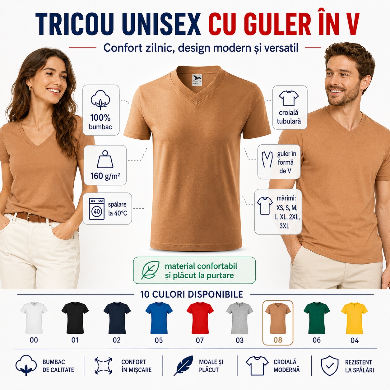 Tricou cu guler în V pentru damă și bărbat Tricou unisex cu guler în V pentru damă și bărbat