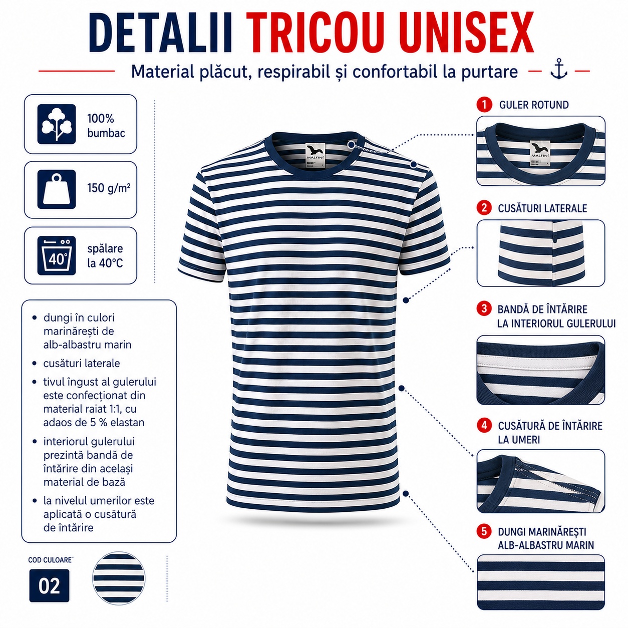 Detalii tricou Malfini 803 Sailor Detalii tehnice tricou unisex cu dungi marinărești, guler rotund și cusături laterale