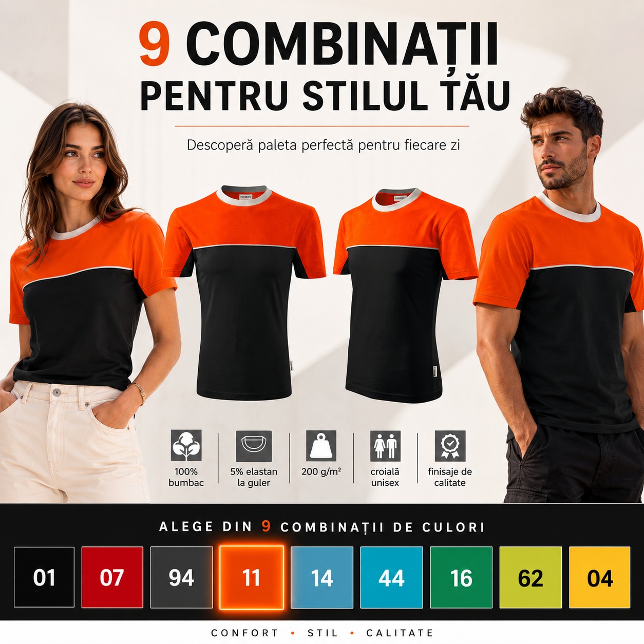 Nouă combinații pentru stilul tău Femeie și bărbat purtând tricoul unisex Rimeck 109 Colormix în varianta portocaliu negru