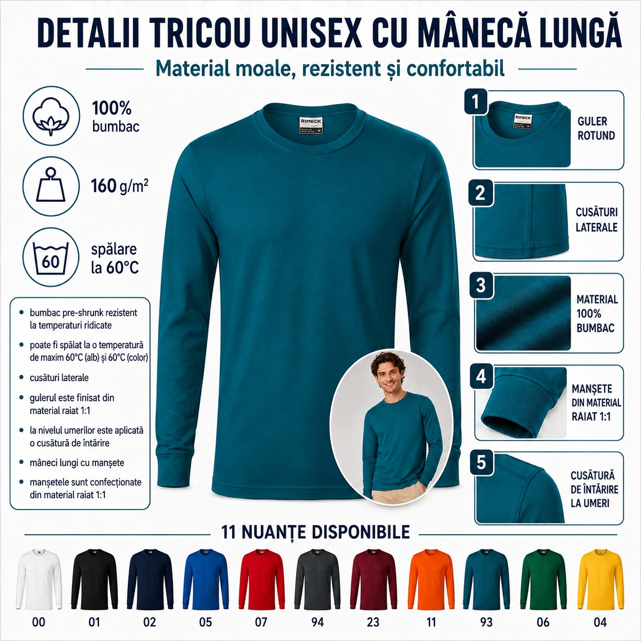Detalii tricou unisex Rimeck Detalii constructive tricou unisex Rimeck cu guler rotund, cusături laterale și manșete