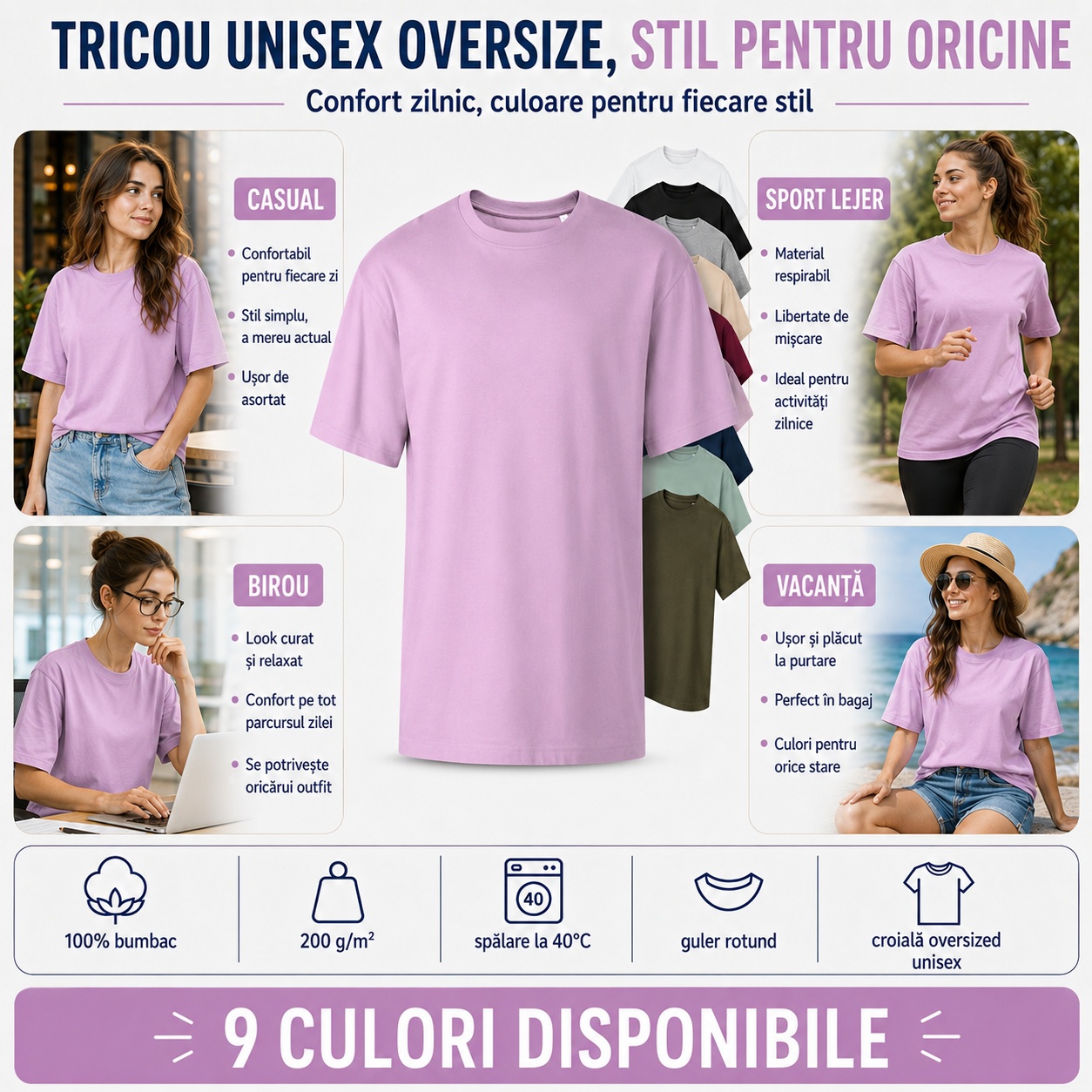 Tricou unisex oversize damă - stil pentru orice zi Tricou unisex oversize damă pentru casual birou sport lejer vacanță 100% bumbac