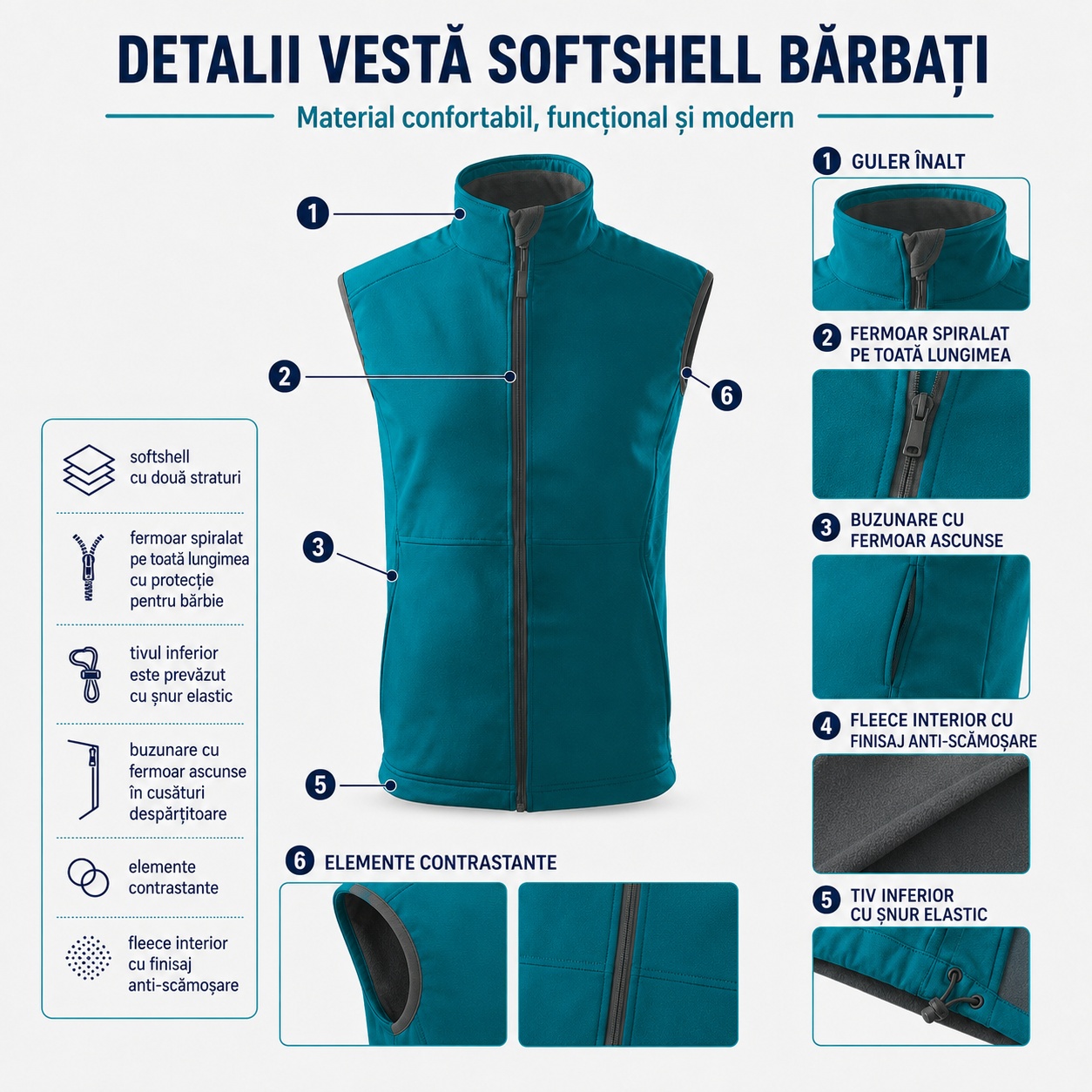 Detalii vestă softshell bărbați Vision 517 cu fleece interior și buzunare cu fermoar