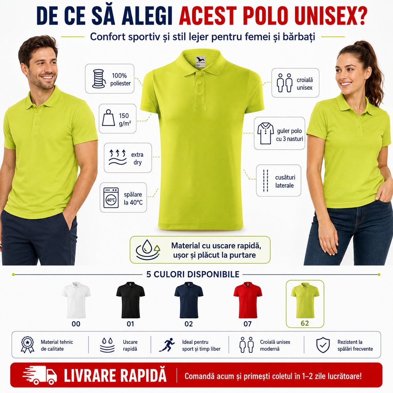 De ce să alegi tricoul polo unisex Malfini 217 Victory Tricou polo sport unisex Malfini 217 Victory, 100% poliester, Extra Dry, 150 g/m², pentru damă și bărbat
