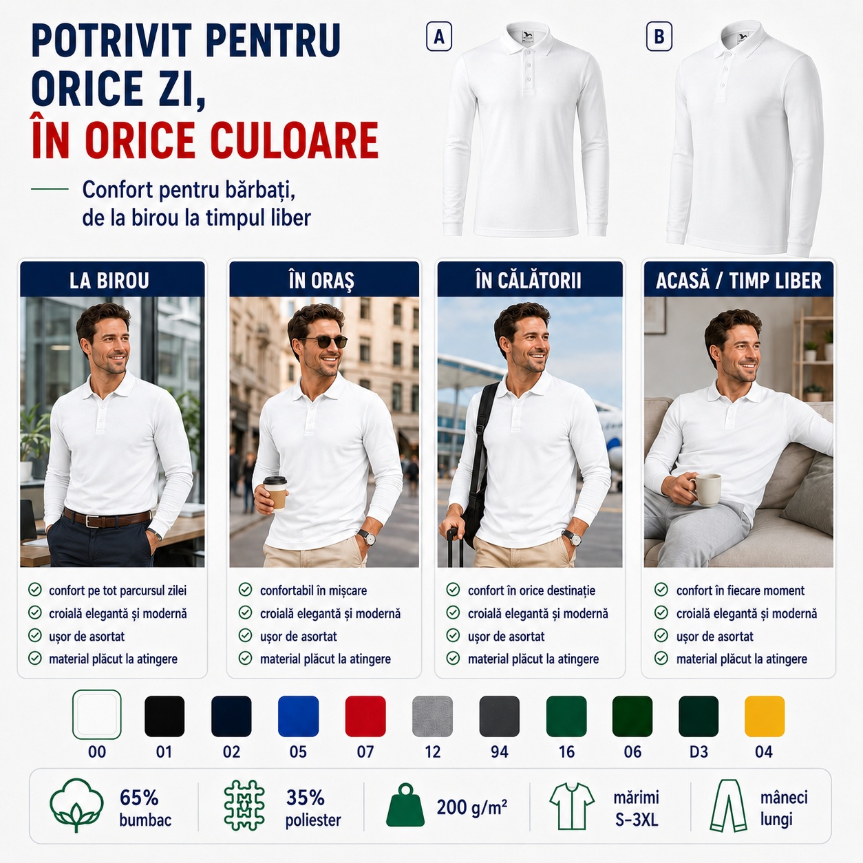 Bluză polo bărbați potrivită pentru birou, oraș, călătorii și timp liber
