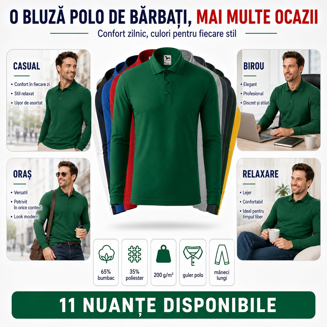 Bluză polo de bărbați Malfini Pique Polo LS 221 pentru casual birou oraș și relaxare