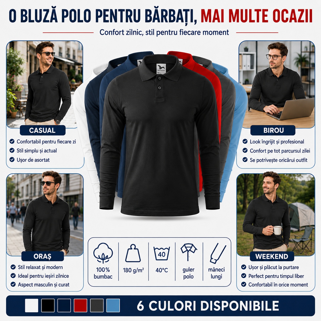 Bluză polo pentru bărbați, mai multe ocazii, casual, birou, oraș și weekend