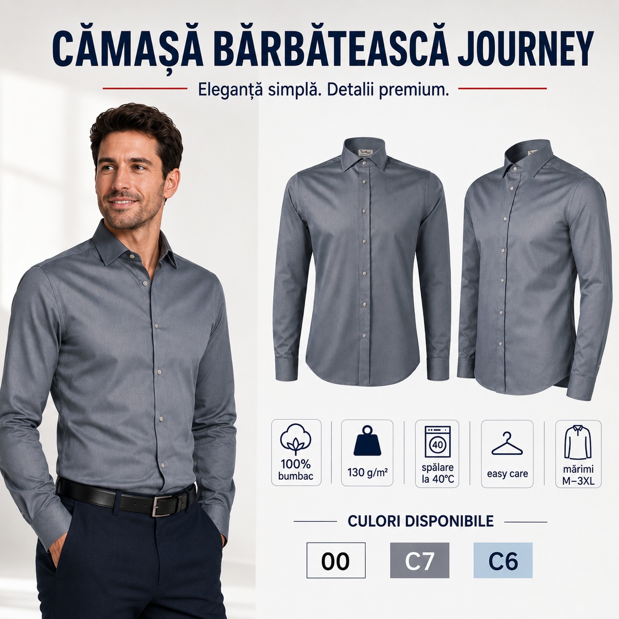 Cămașă bărbătească Journey din bumbac Cămașă bărbătească Journey cu mânecă lungă, 100% bumbac, 130 g pe metru pătrat și easy care