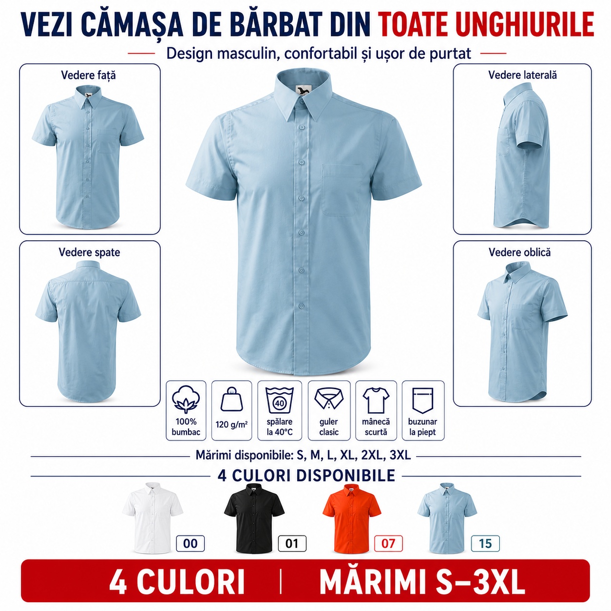 Cămașă bărbați Malfini 207 văzută din față, spate, lateral și unghi oblic