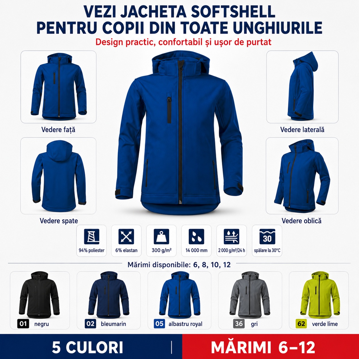 Ghid mărimi geacă copii softshell Performance 535 mărimi 6 8 10 12