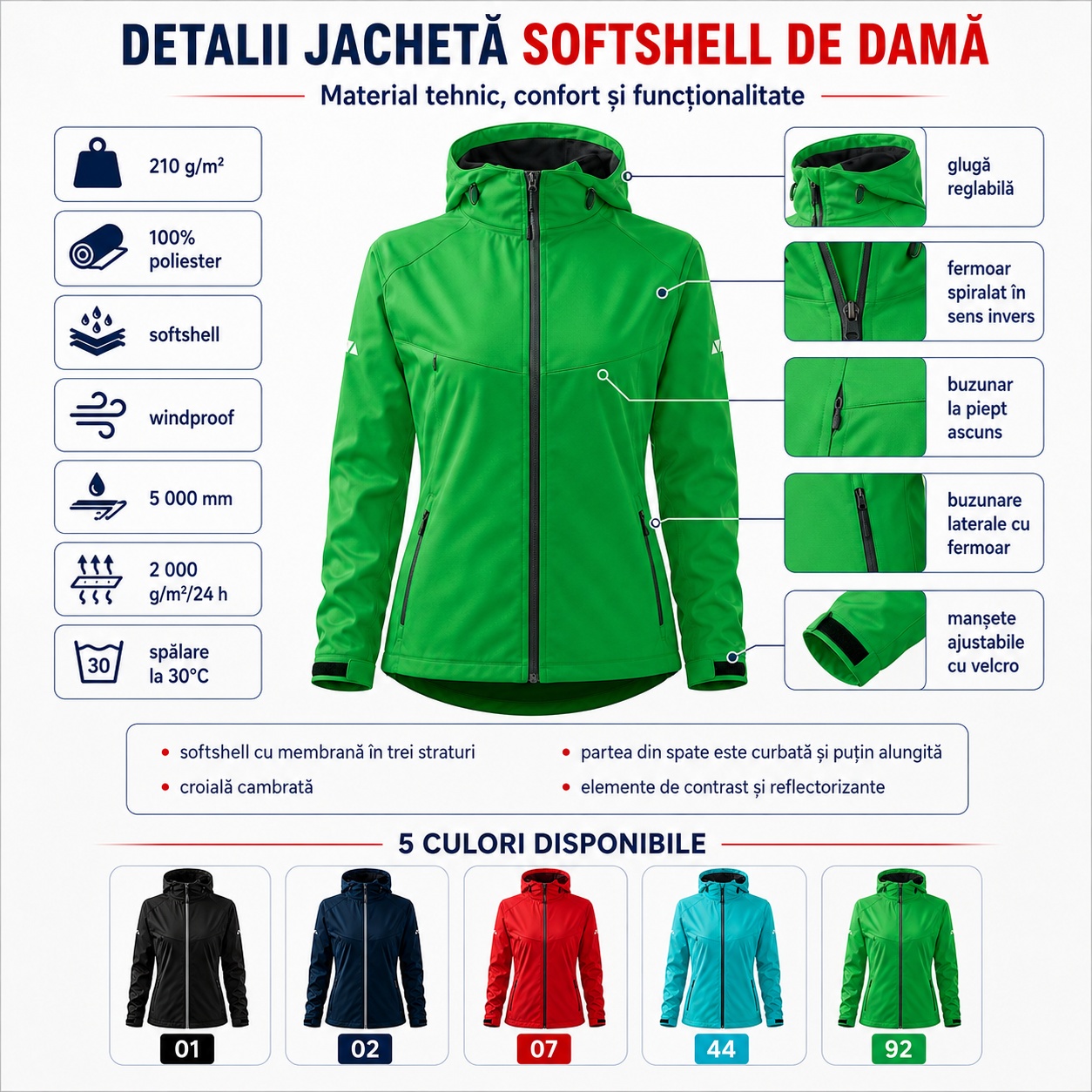 Caracteristici geacă softshell damă cu glugă Cool 514 impermeabilă 5000 mm