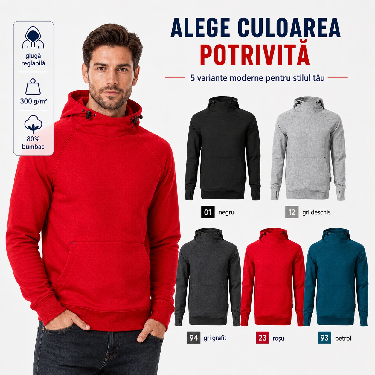 Culori disponibile Vertex Hoodie W43 Cele cinci culori disponibile pentru hanoracul Vertex Hoodie W43: negru, gri deschis, gri grafit, roșu și petrol