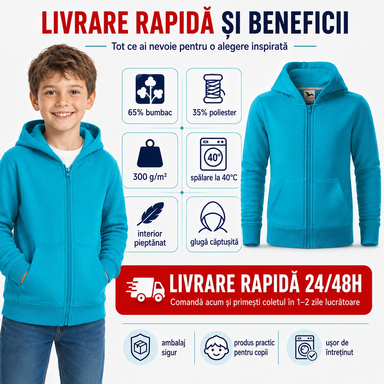 Beneficii hanorac copii 65% bumbac, 35% poliester și livrare rapidă