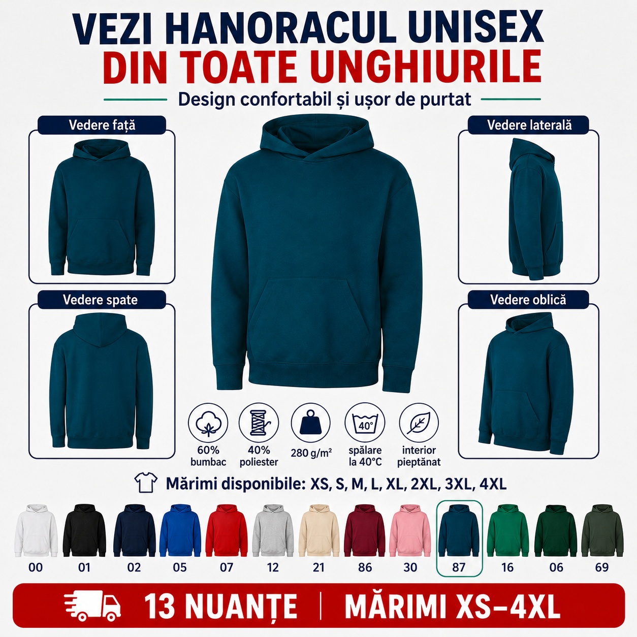 Hanorac unisex văzut din față, spate, lateral și oblic