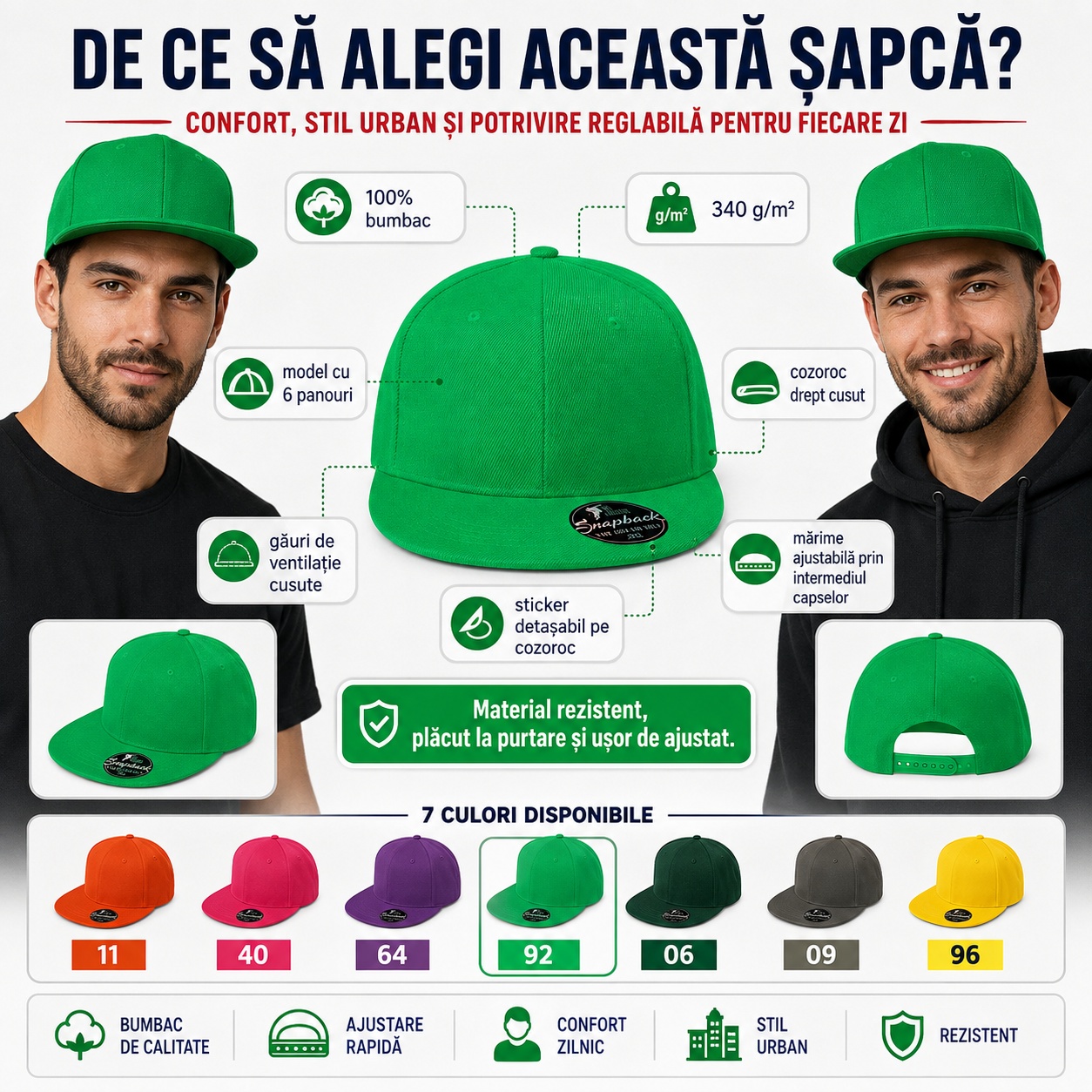 Șapcă RAP 6P 302 snapback reglabilă din bumbac