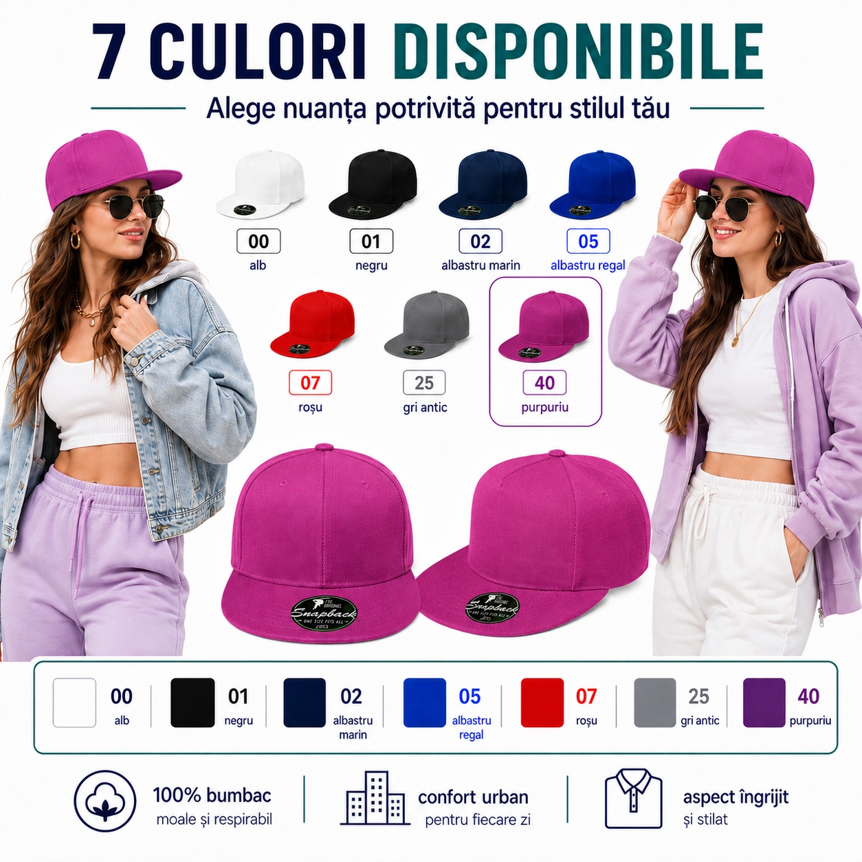 Șapcă damă RAP disponibilă în 7 culori Cele 7 culori disponibile pentru șapca damă RAP Malfini 301 5P