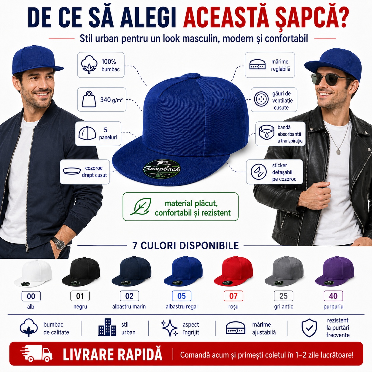 Caracteristici șapcă RAP Malfini 301 Caracteristici șapcă RAP unisex din bumbac cu închidere snapback