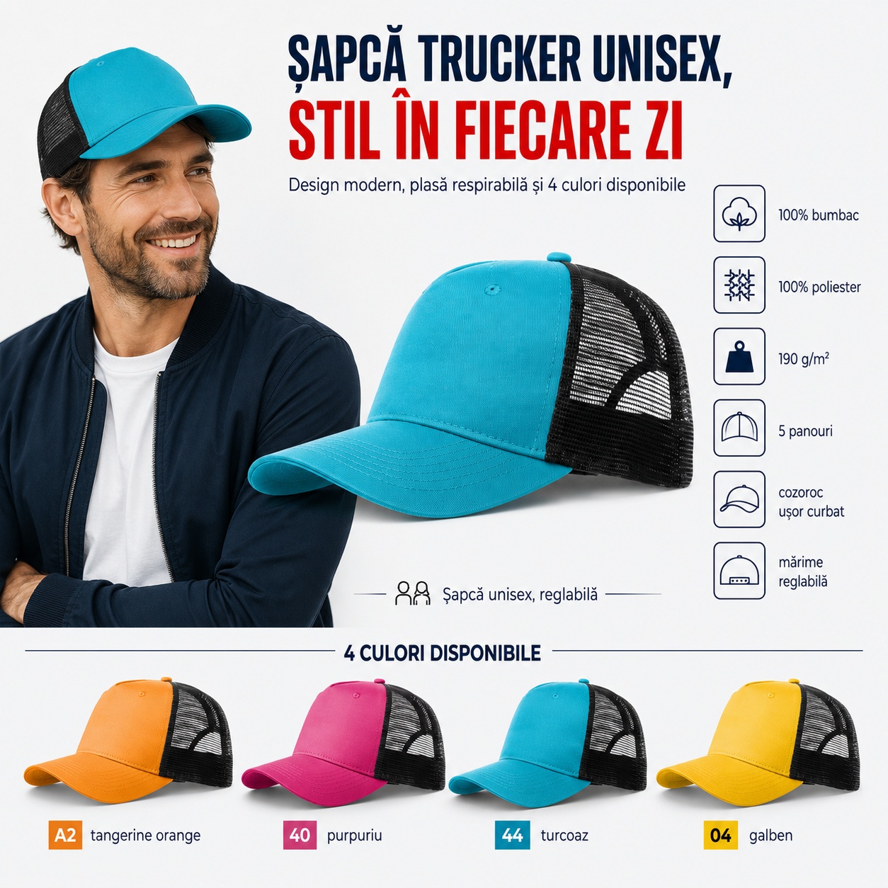 Șapcă trucker pentru bărbați, reglabilă, cu plasă respirabilă și 4 culori