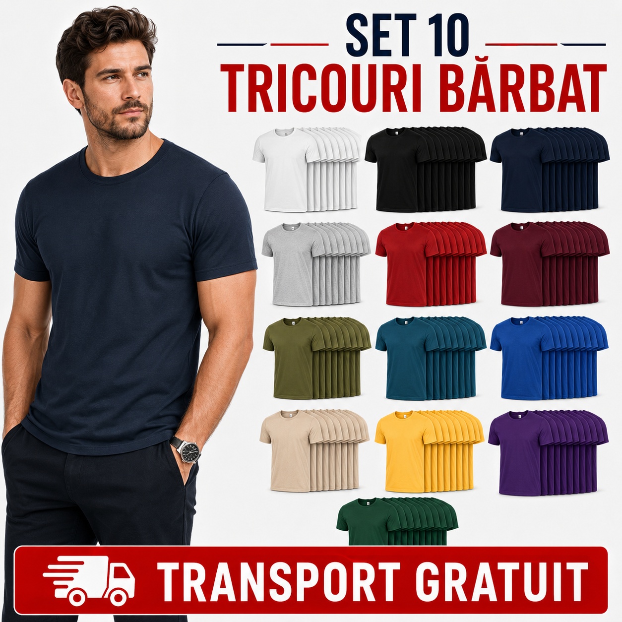 Set 10 tricouri bărbat Malfini Basic Clasic 100% bumbac regular fit în mai multe nuanțe cu transport gratuit