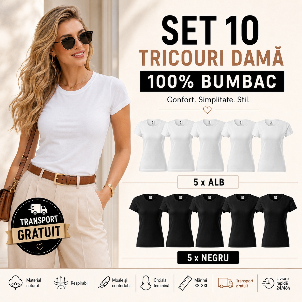 Set 10 tricouri damă 100% bumbac - 5 albe și 5 negre